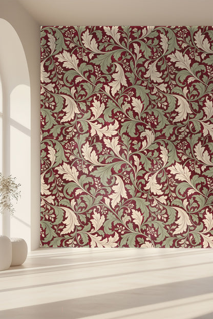 Rich crimson wallpaper with botanical swirling leaves in pale green and white, full pattern reveal