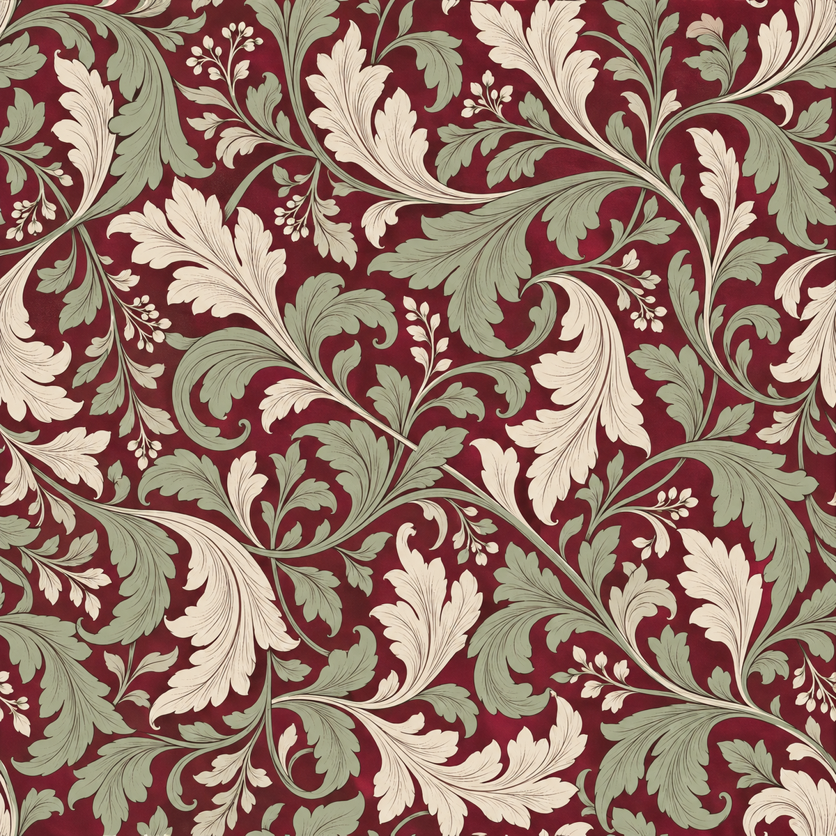 Ornamental wallpaper with vintage acanthus leaves and berries motif on red backdrop