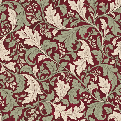 Ornamental wallpaper with vintage acanthus leaves and berries motif on red backdrop