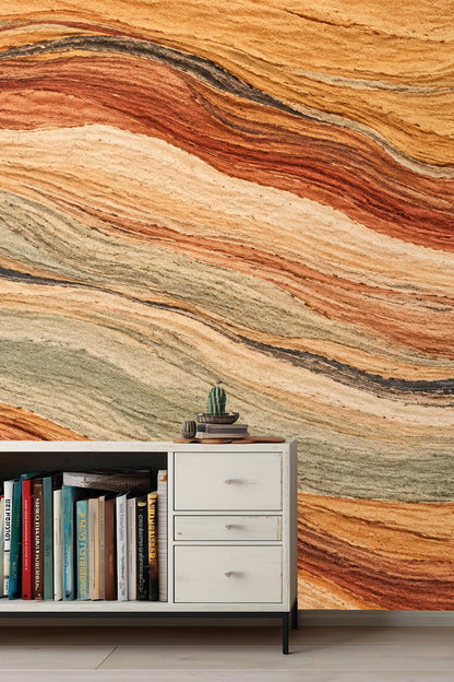 Interior corner with neutral colored furniture against wallpaper