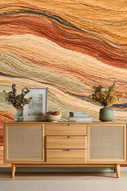 Bedroom wall behind bed with Strata Flow Wallpaper and pendant lights
