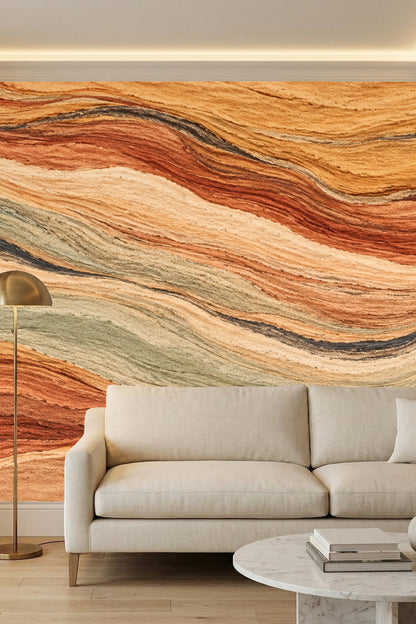 Wide shot of bedroom wall with textured earth-tone wallpaper