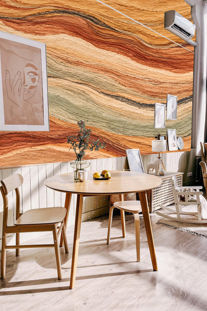 Room scene highlighting warm terracotta and green shades in wallpaper