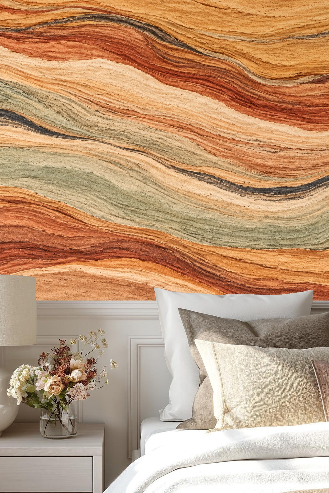 Modern bedroom featuring Strata Flow Wallpaper and beige bedding