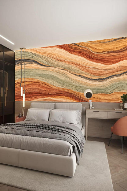 Side angle of wall with Strata Flow Wallpaper illustrating layered pattern
