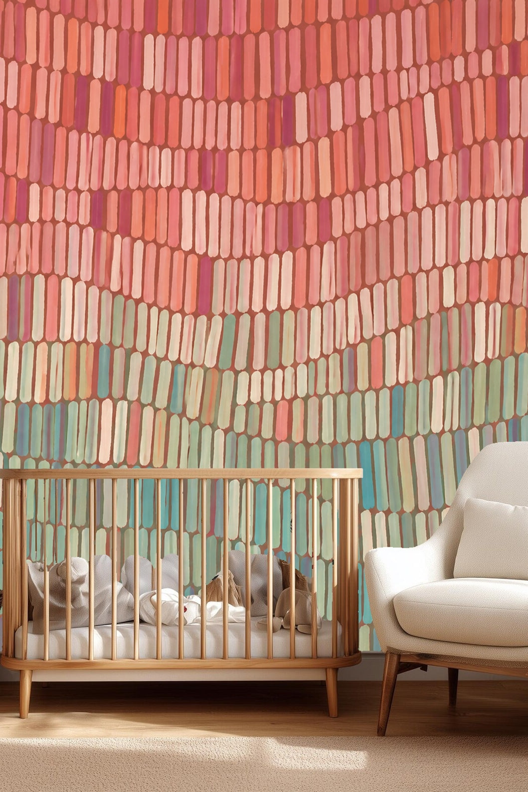 Close visual of textured painted rectangles forming horizontal bands in warm and muted greens.