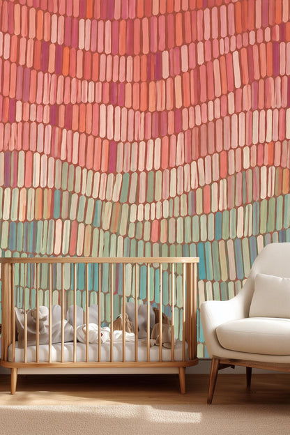 Close visual of textured painted rectangles forming horizontal bands in warm and muted greens.