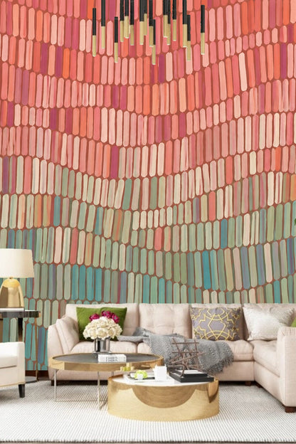 Close-up of mosaic wave layers wallpaper showing rectangular brushstroke blocks in coral and teal hues.