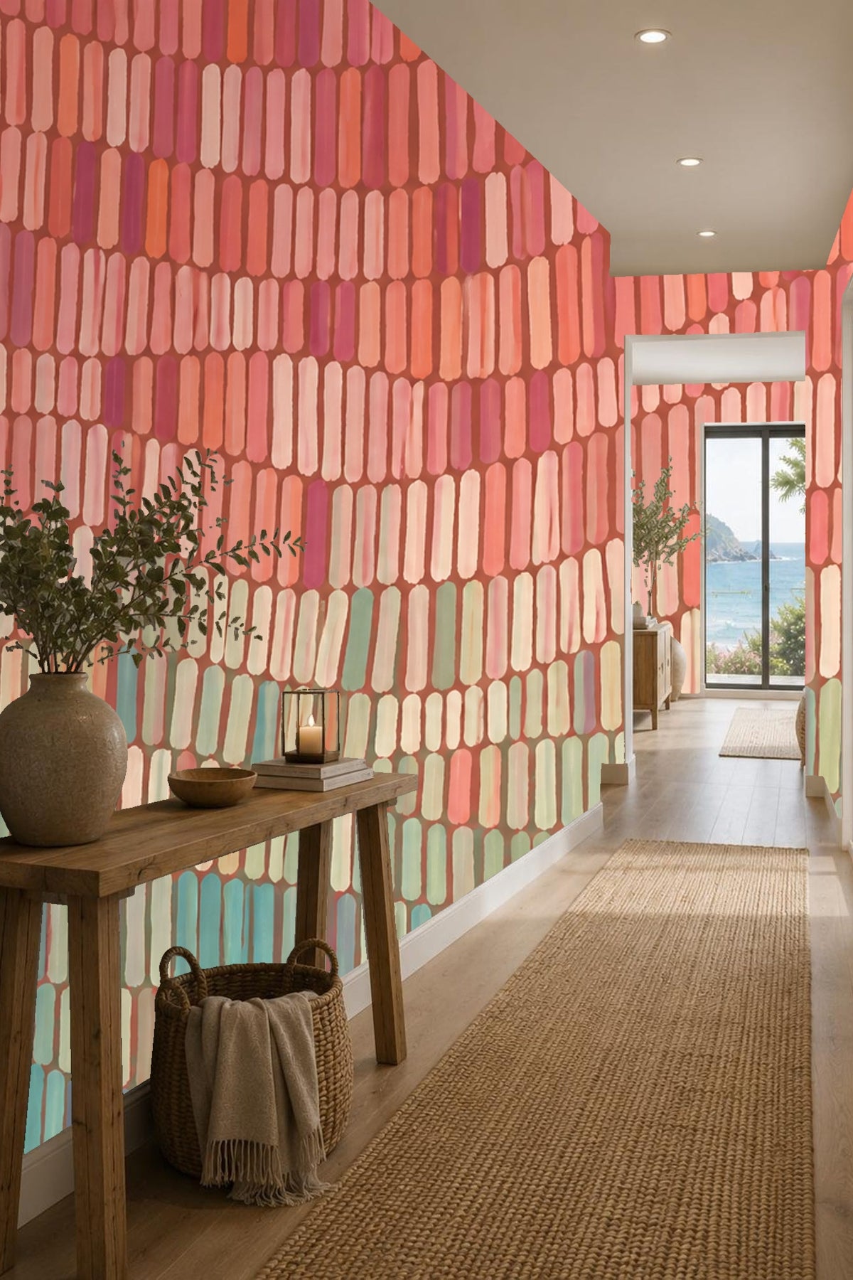 Detail of the wallpaper pattern emphasizing its irregular rectangular shapes and layered waves.