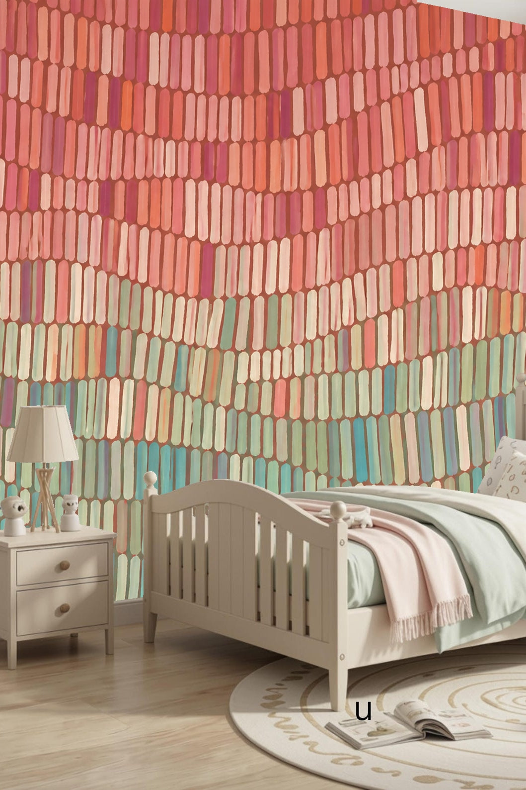 Close-up detail showing the brushstroke texture and color gradation from coral to teal tiles.