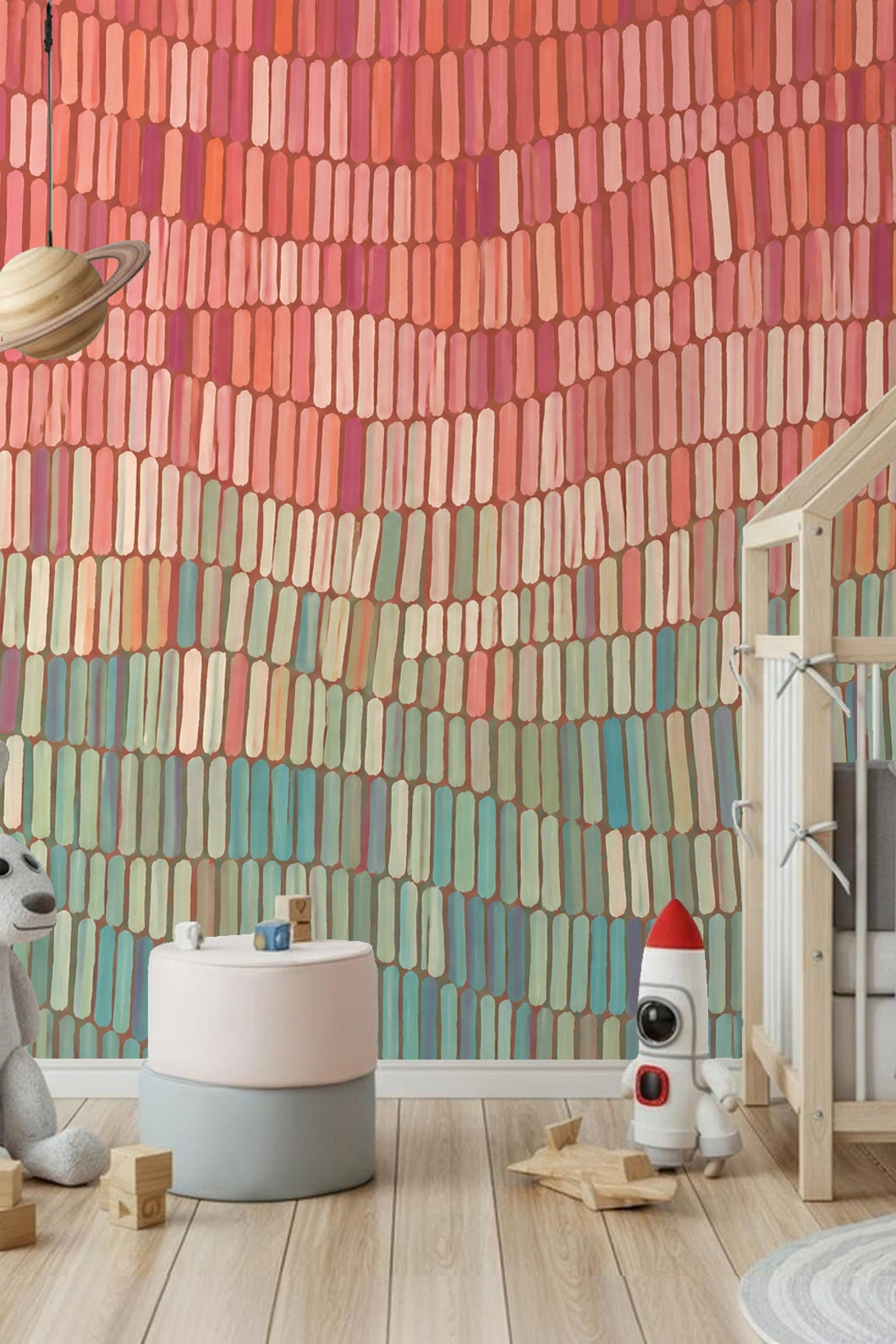 Interior setting with mosaic wave layers wallpaper enhancing a relaxed seating nook.