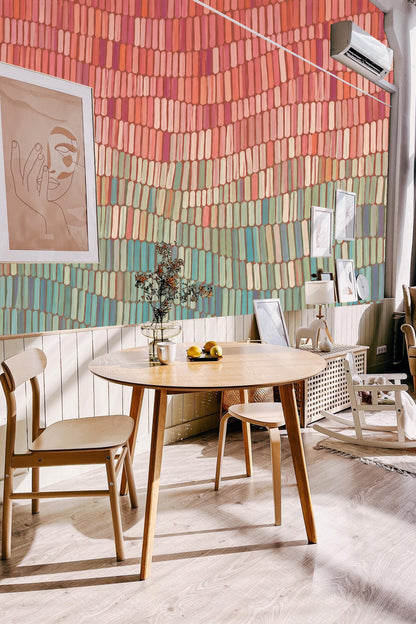 View of the bedroom highlighting the flowing horizontal wave pattern in a natural styled space.
