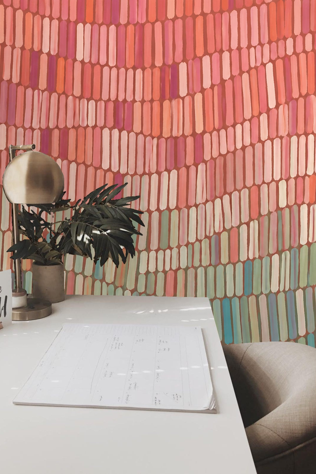 Pattern repeat sample displaying the horizontal layered design in warm and cool tones.