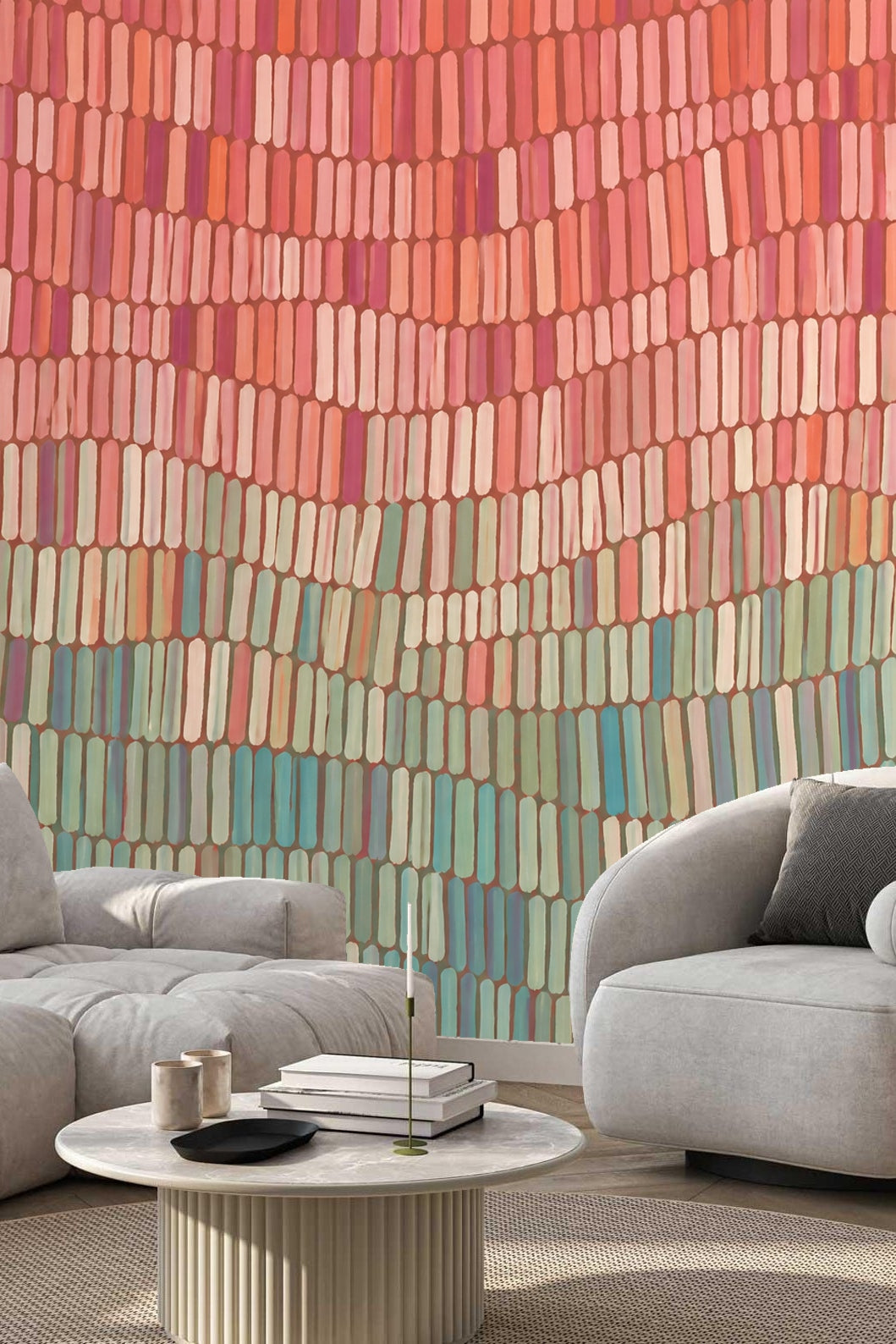 Sample of wallpaper showing alternating coral and greenish blue tile-like blocks in waves.