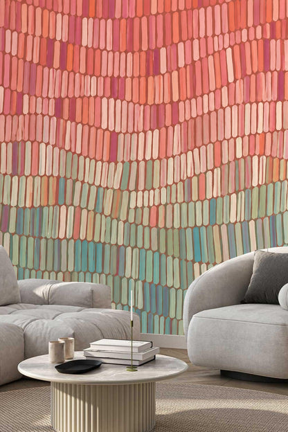 Sample of wallpaper showing alternating coral and greenish blue tile-like blocks in waves.