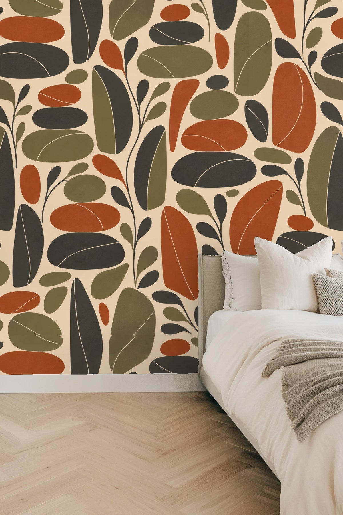 Full wallpaper pattern view showing large organic ovals and flowing leaf stems.