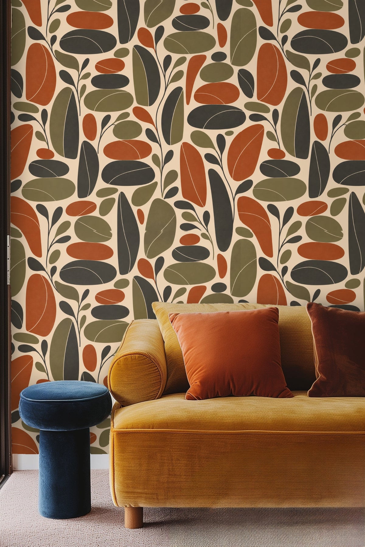 Charcoal grey stylized leaves and small sprigs creating layered pattern.