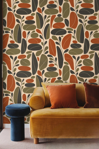 Charcoal grey stylized leaves and small sprigs creating layered pattern.