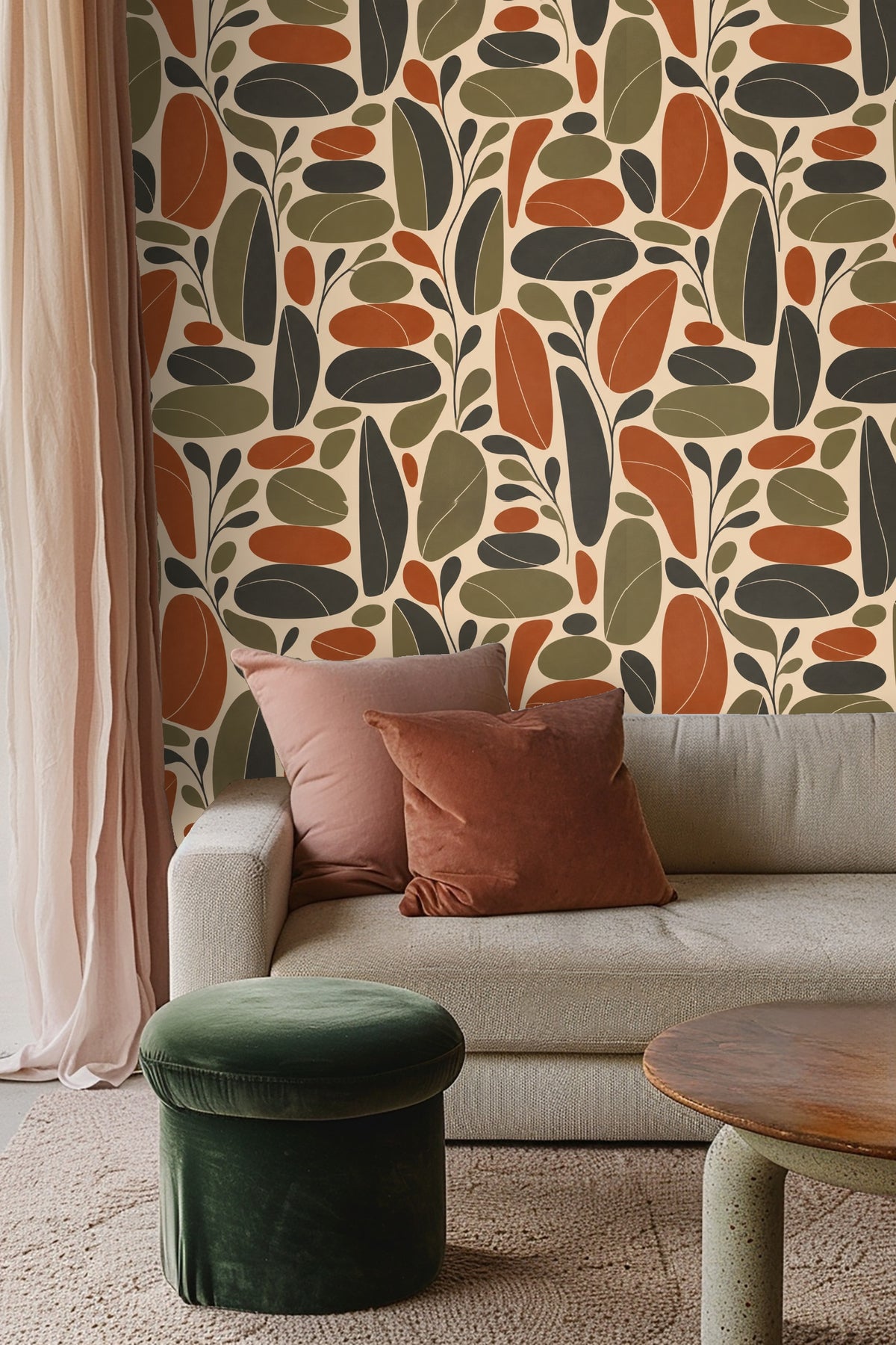 Retro leaf wallpaper in cozy bedroom with woven headboard and white bedding.