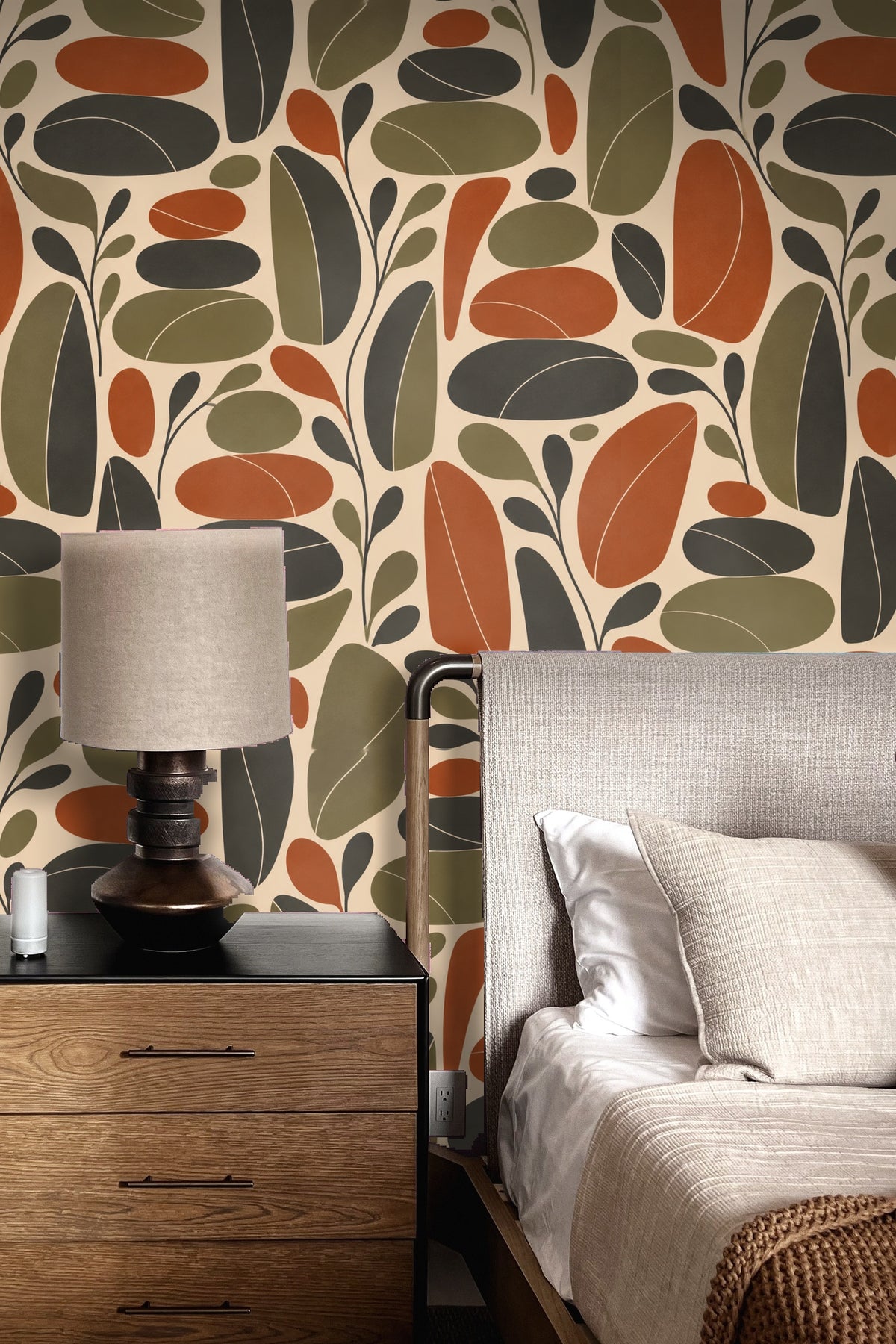 Olive green abstract leaves with subtle texture and fine line accents.
