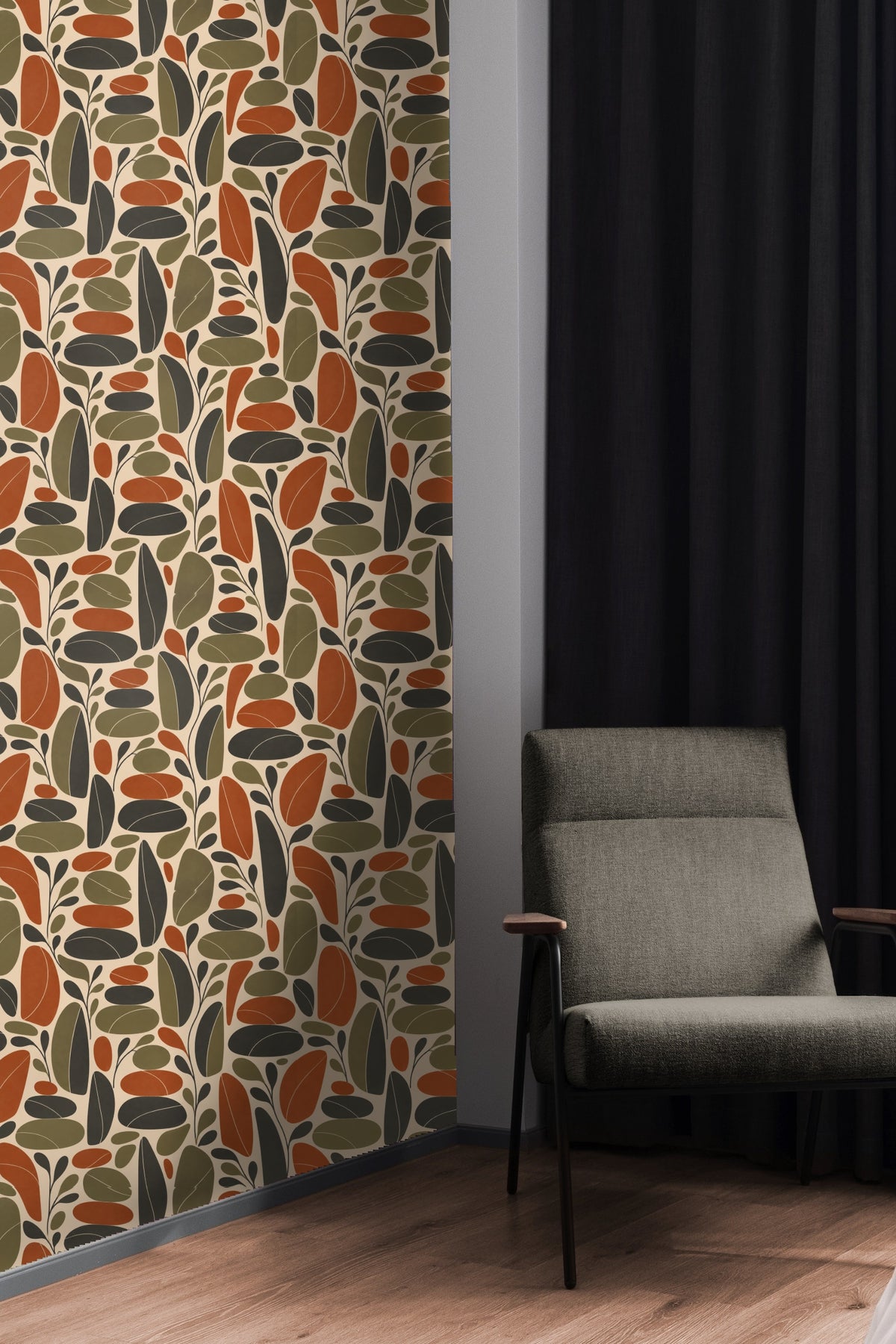 Decorative pillow and sofa complementing warm earth tone wallpaper palette.