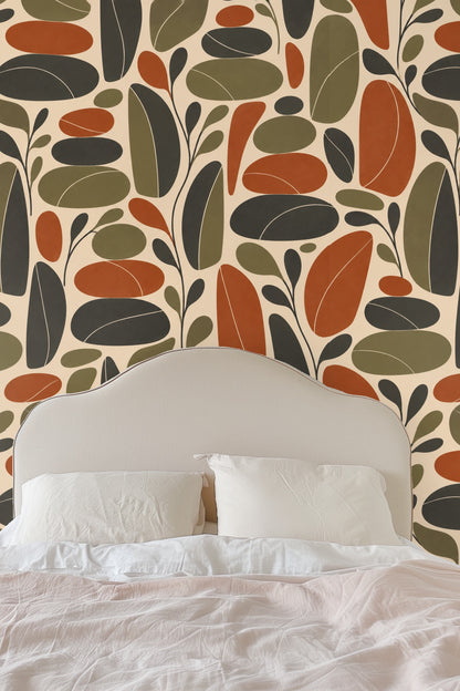 Pattern detail showcasing overlapping olive and rust ovals with fine white lines.