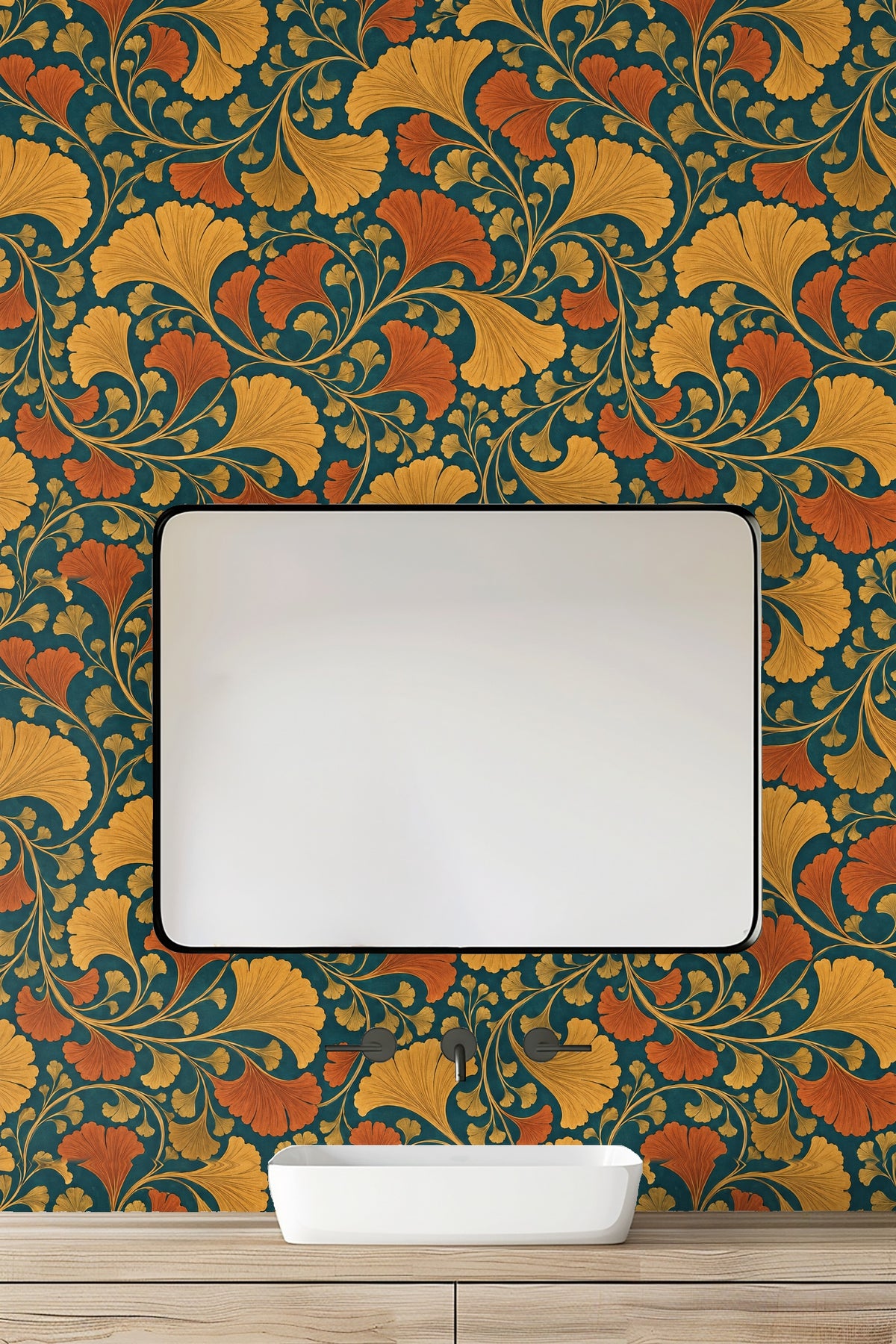 Wallpaper creating a lively, warm atmosphere in a mid-century inspired hallway