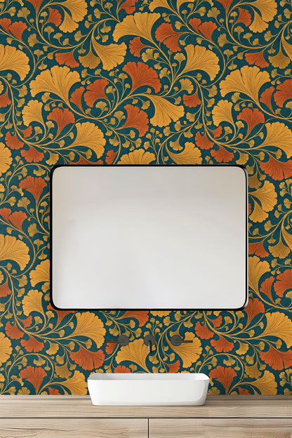 Wallpaper creating a lively, warm atmosphere in a mid-century inspired hallway
