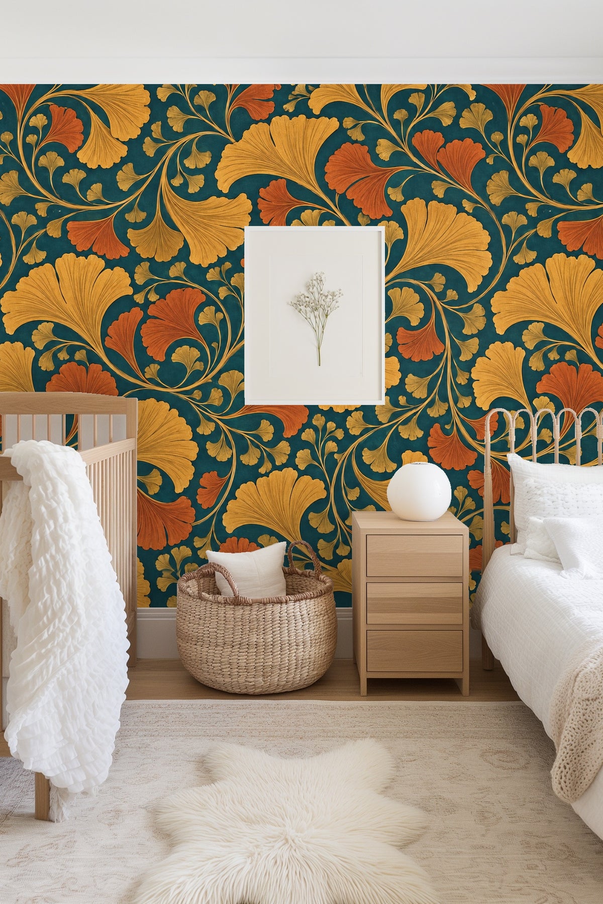 Close-up of ginkgo leaf wallpaper showing fine hand-drawn line work
