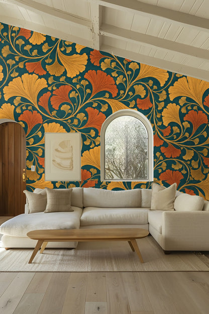 Artistic wallpaper with botanical motif near a wooden ceiling beam