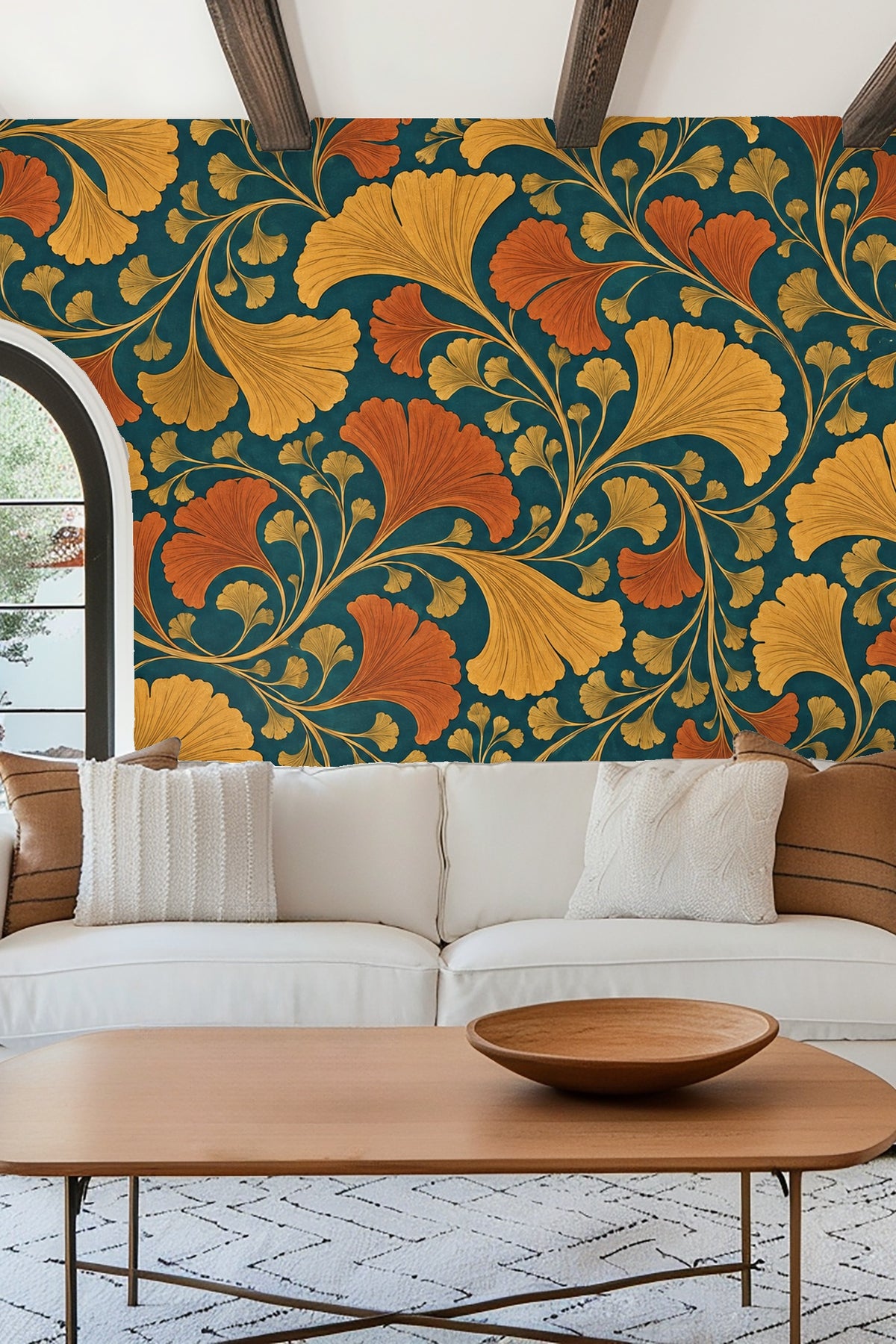 Wallpaper installed in a bright entryway featuring arched doorway and wooden bench