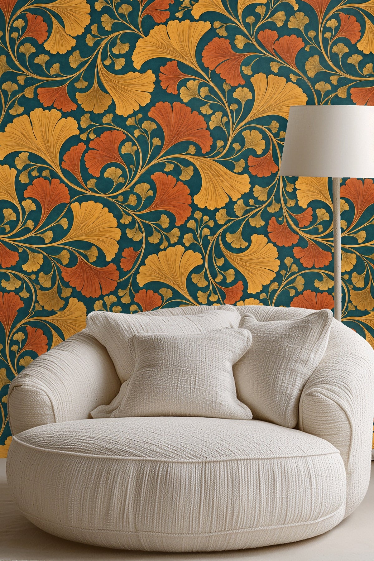 Wide view of entry hall with vivid botanical wallpaper