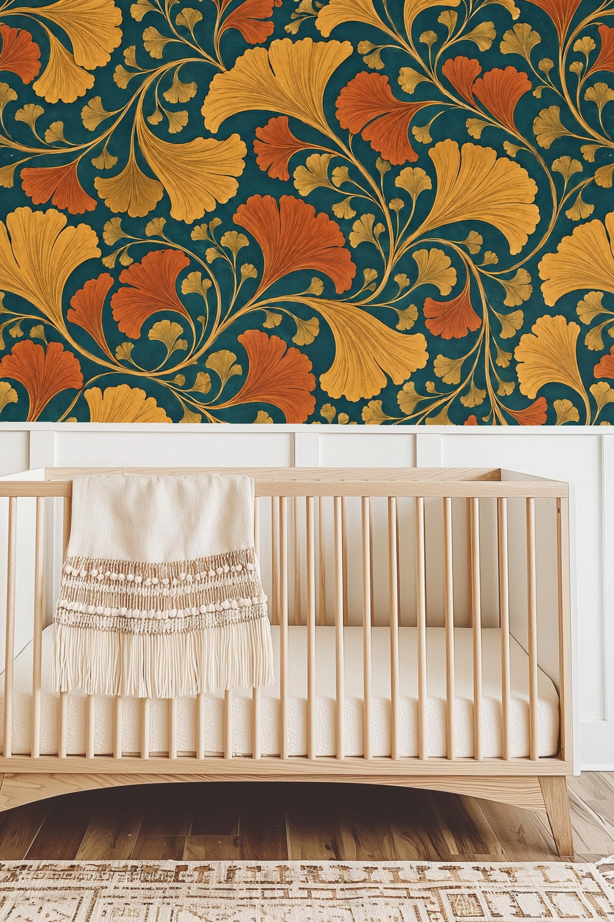 Natural light highlighting textured wallpaper foliage