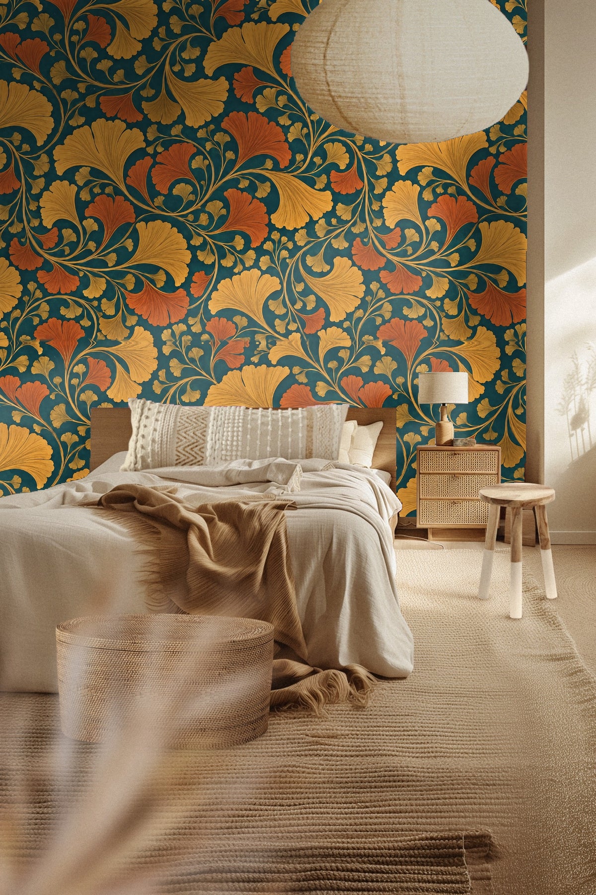 Leaf motif wallpaper wrapping a curved wall in warm tones