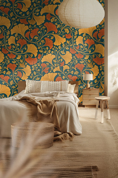 Leaf motif wallpaper wrapping a curved wall in warm tones