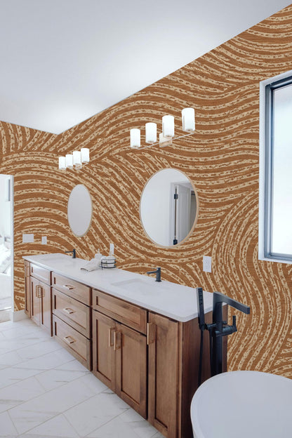 Textured terracotta wallpaper wrapping curved lines across a living area wall.