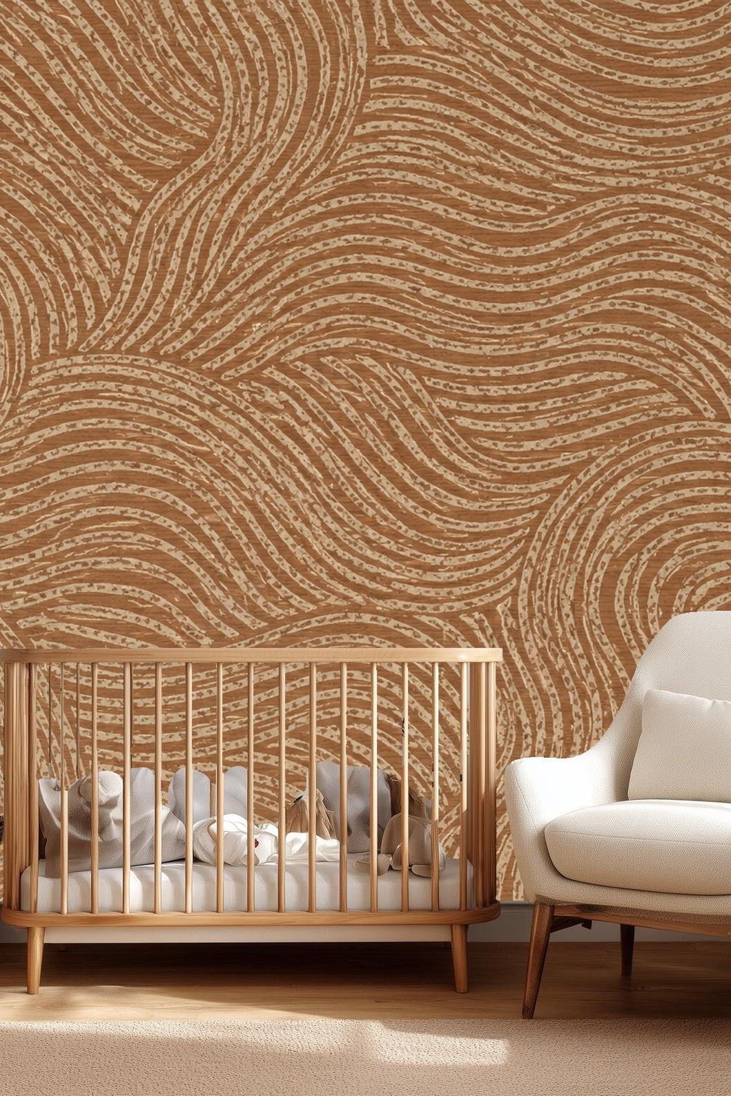 Bedroom wall featuring terracotta flow lines wallpaper with wooden beams and neutral-toned furnishings.