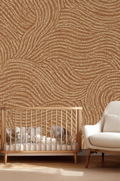 Bedroom wall featuring terracotta flow lines wallpaper with wooden beams and neutral-toned furnishings.