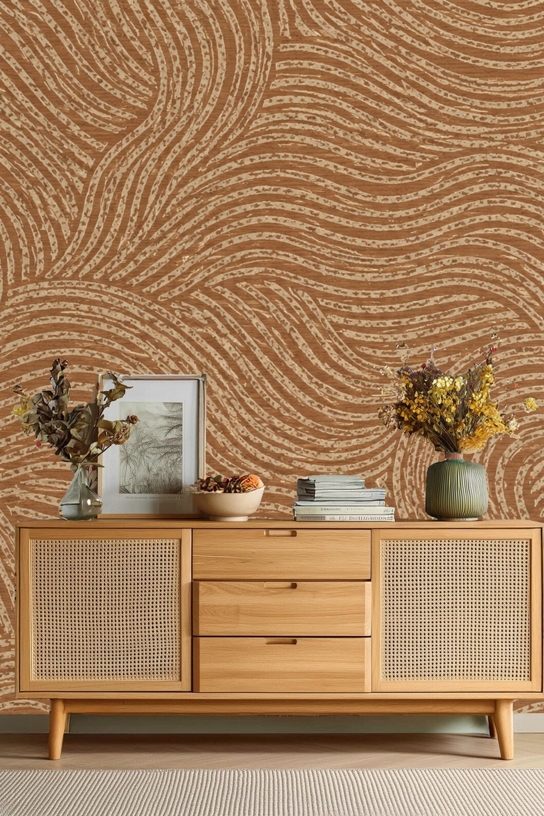 Warm earth tone wallpaper with abstract line texture on bedroom wall.