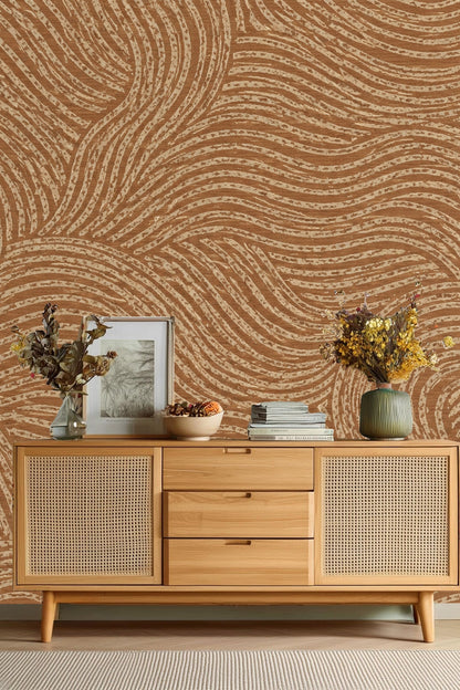 Warm earth tone wallpaper with abstract line texture on bedroom wall.
