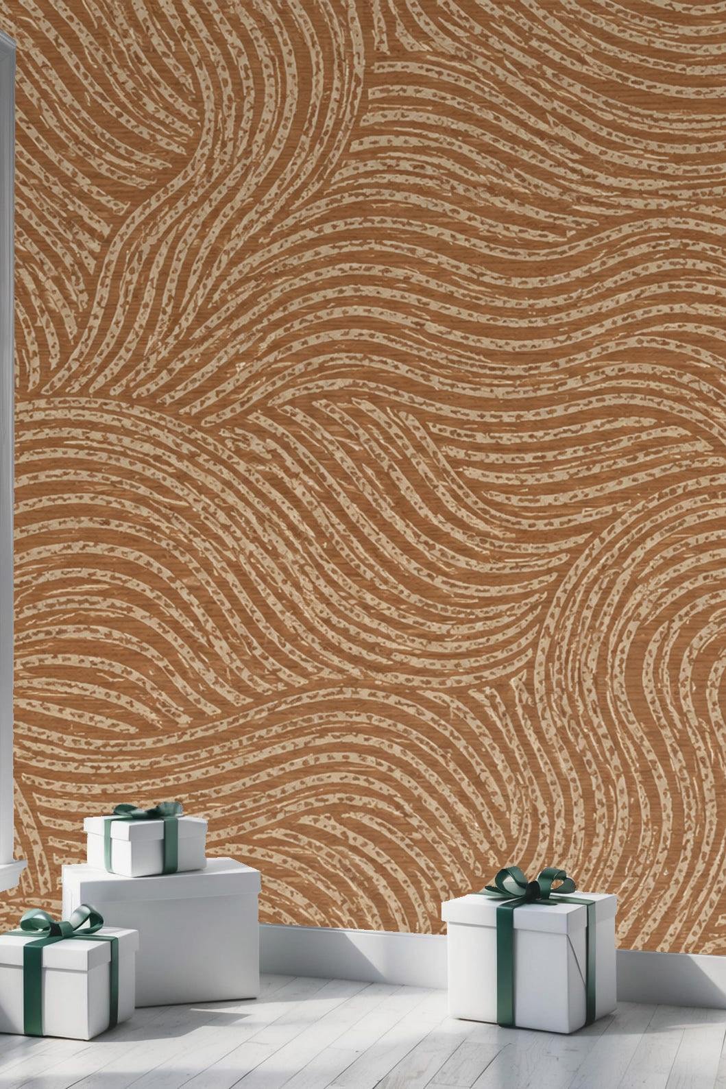 Natural light illuminating terracotta flowing line wallpaper in a cozy room.