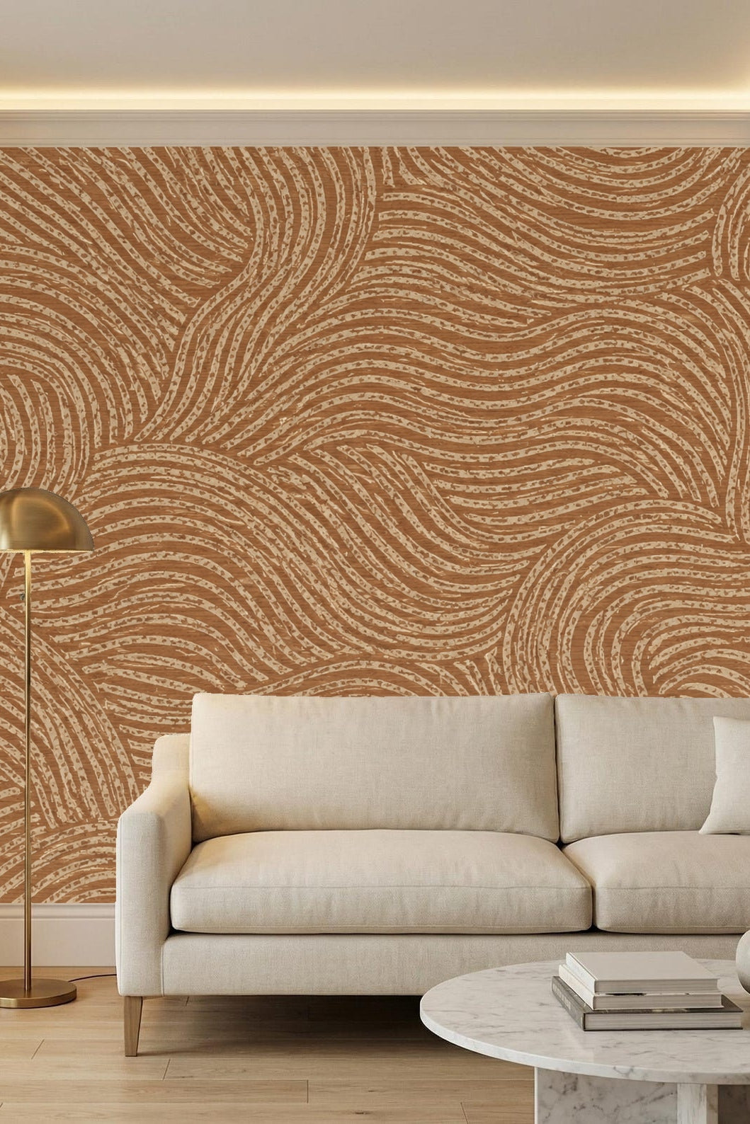 Neutral nursery featuring warm terracotta abstract wallpaper behind crib.