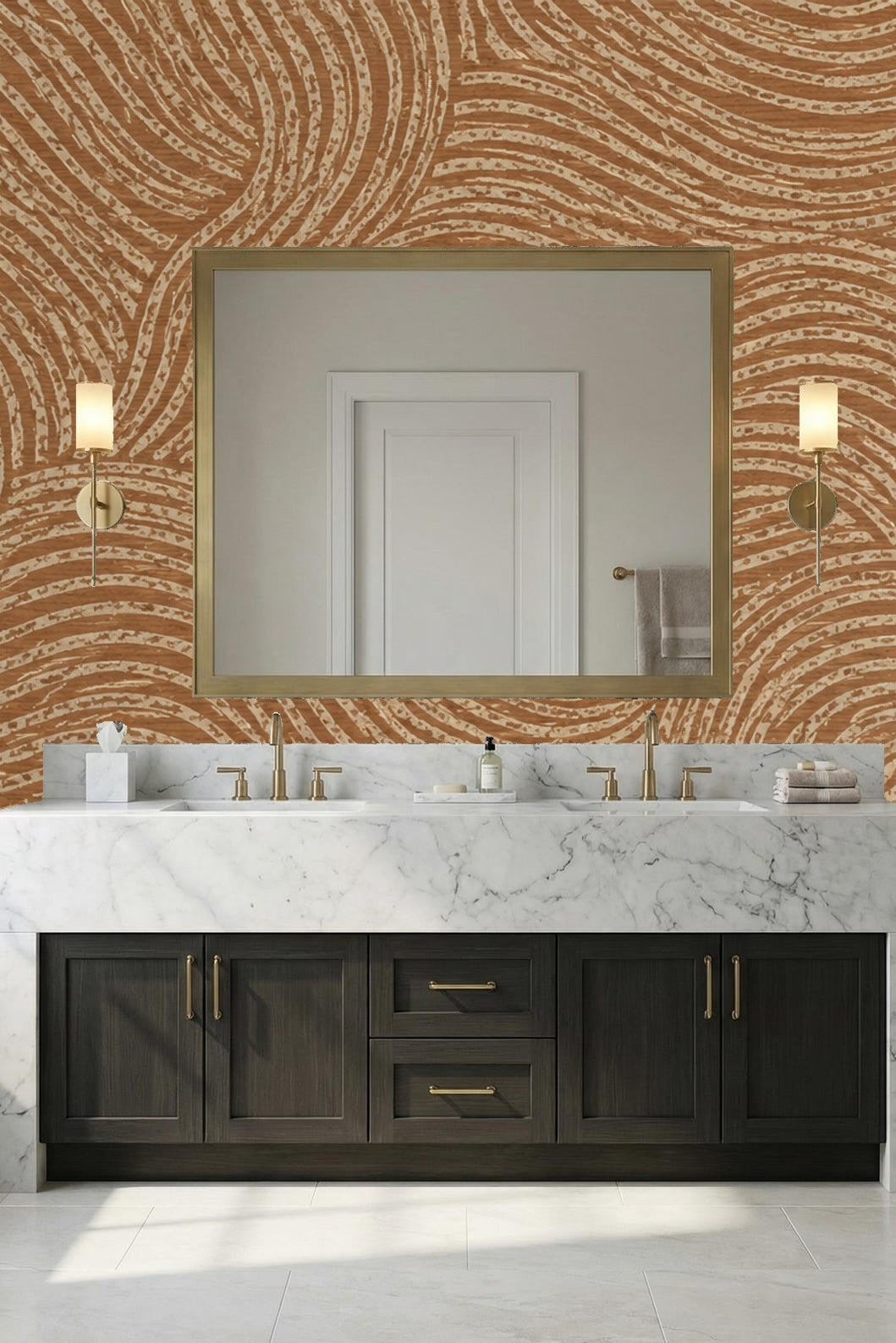 Bedroom scene with mid-century inspired abstract wallpaper in warm clay hues.