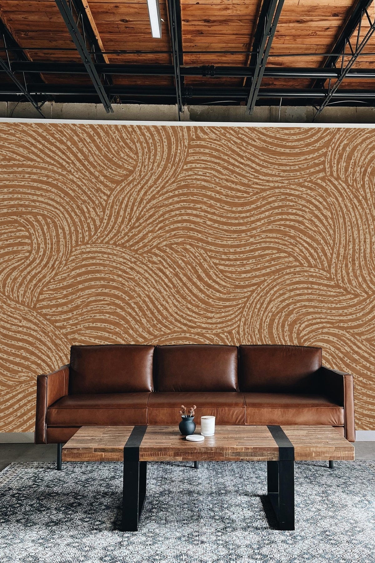 Pattern repeat detail of wallpaper with beige and terracotta ribbon-like lines.