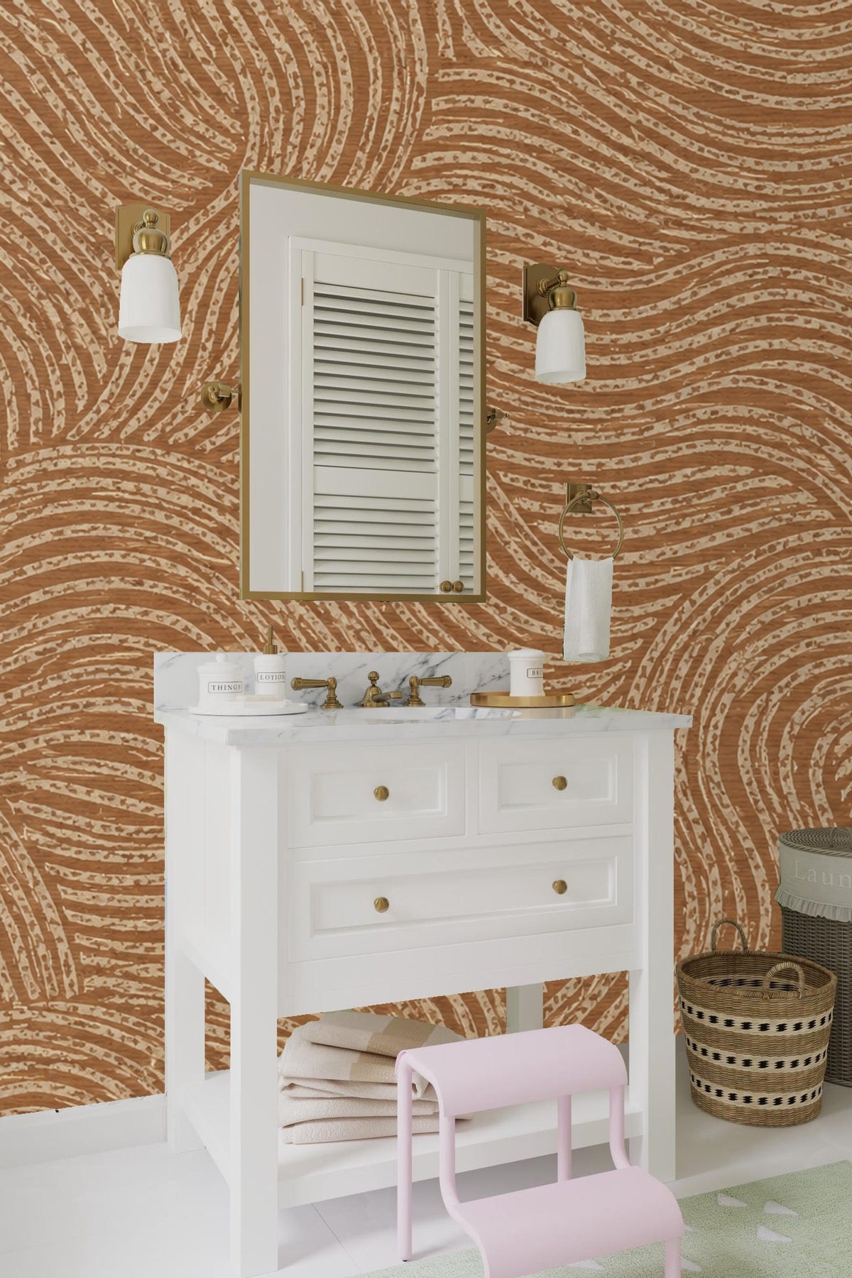 Partial view of wallpaper pattern showing overlapping curved lines in warm earth tones.