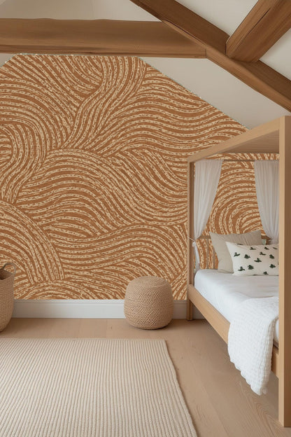 Close-up of terracotta wallpaper with beige flowing curved lines and textured brushstroke effect.