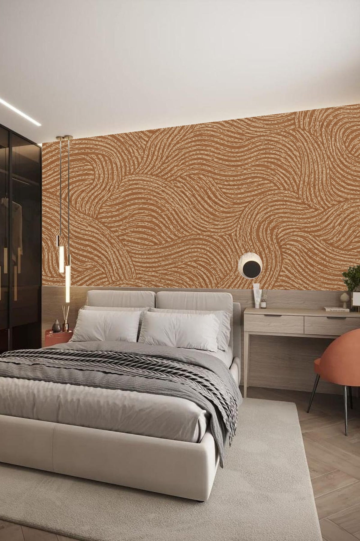 Detail of textured brushstroke lines on terracotta wallpaper.