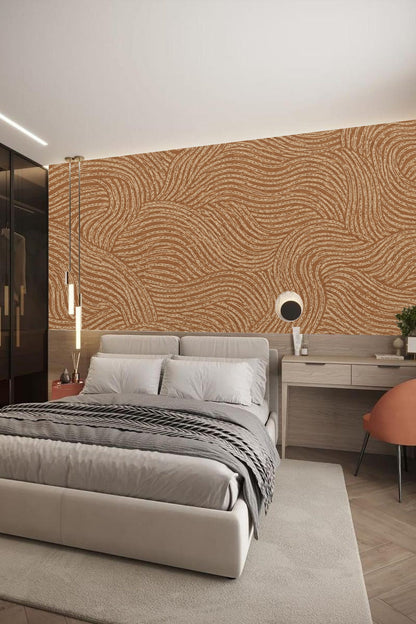 Detail of textured brushstroke lines on terracotta wallpaper.