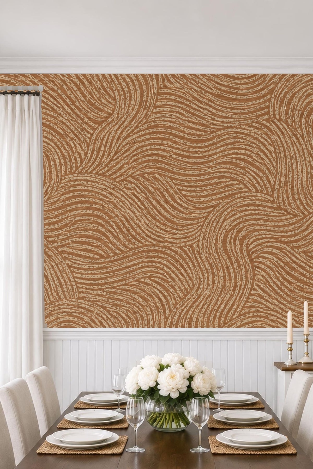 Close-up of wave-like pattern on wallpaper in terracotta and beige.