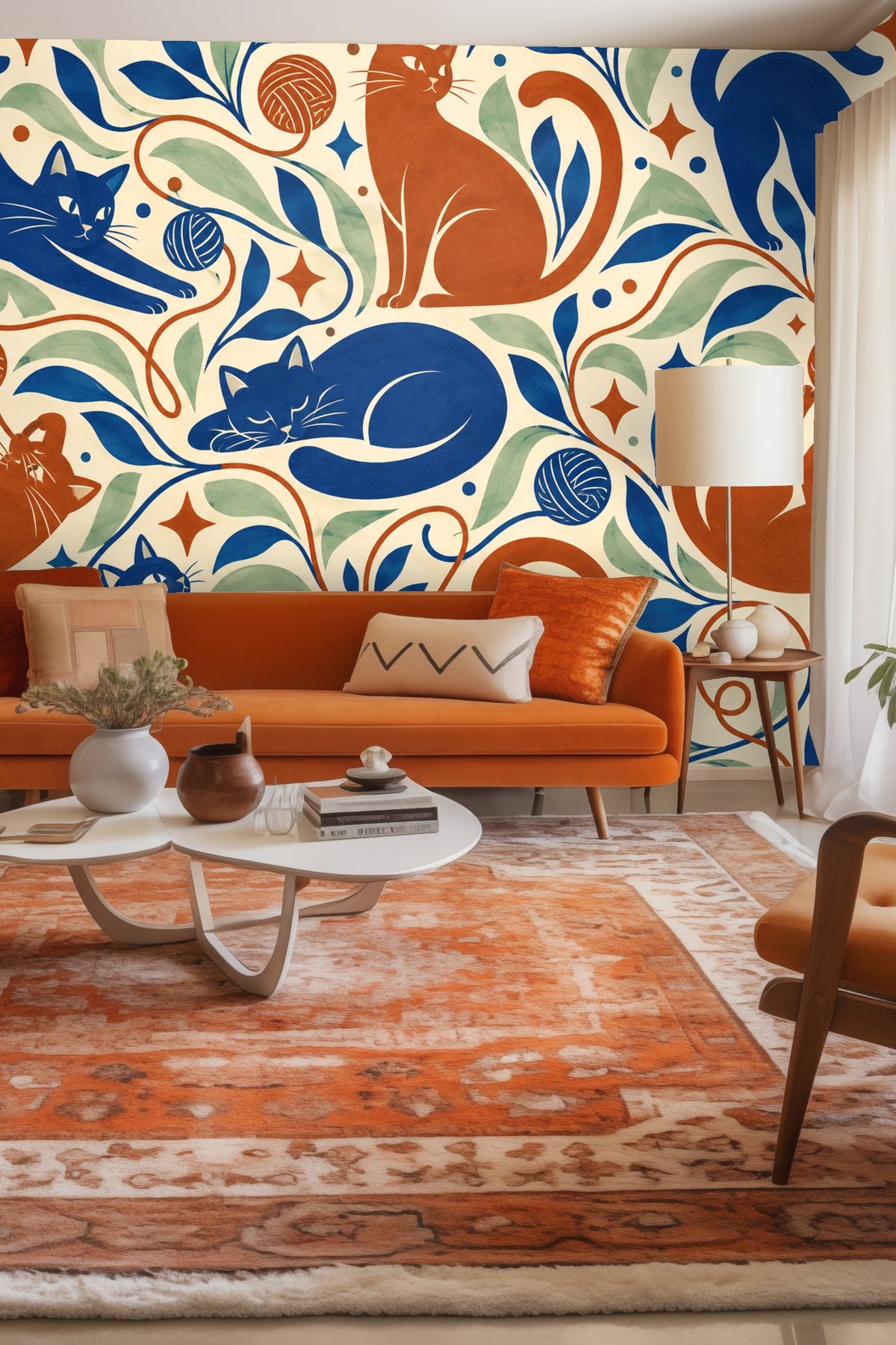 Entryway with wallpaper framed around a circular mirror above a wooden bench with pillows and a throw.